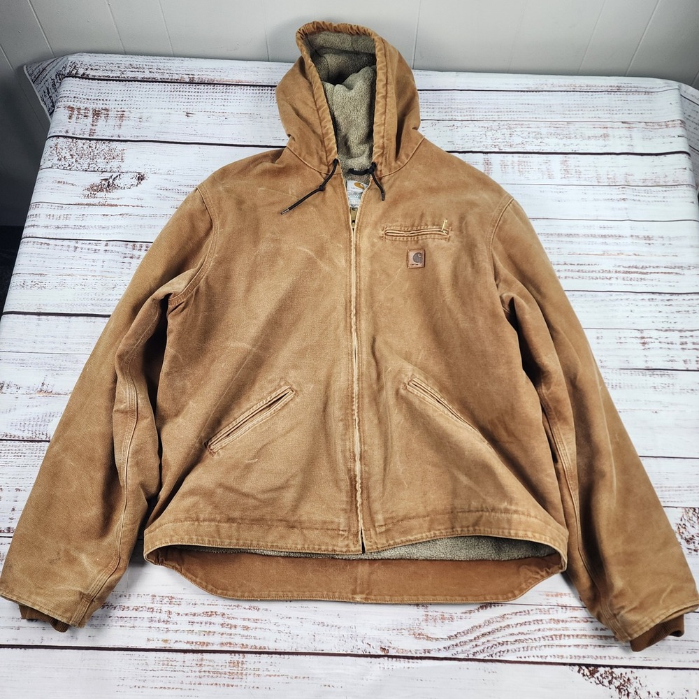 Carhartt Sierra Jacket Mens 2XL Tall Brown Duck Sherpa Lined Hooded J141